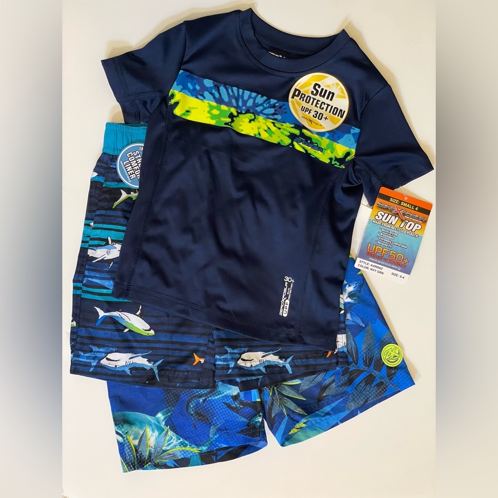 3pc ZeroXposur Boys Swim Trunks and Rash Guard Shirt Blue Sharks Size Small/4T